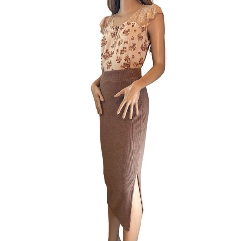 Nasty Gal Stretch Ribbed Tan Midi Skirt
